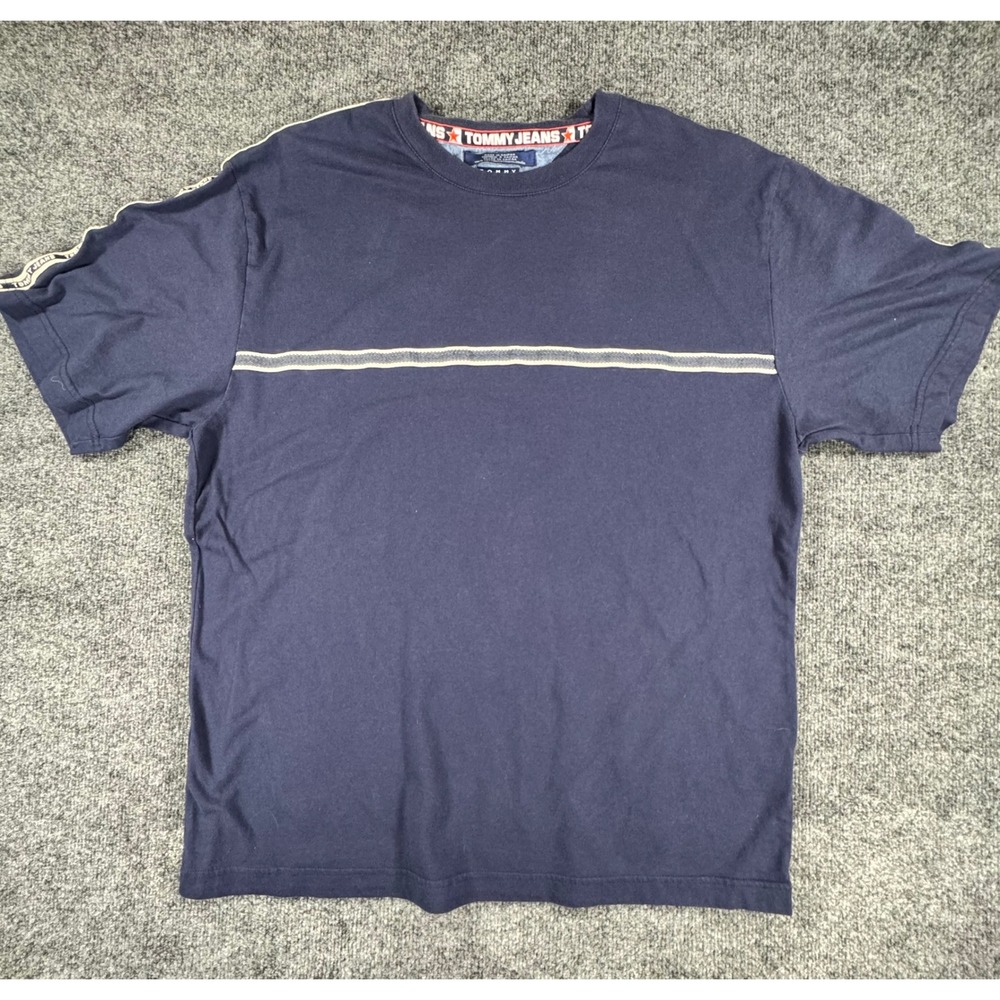 #151 Tommy Mens XL Navy Blue Vintage Logo Tape Stripe T-Shirt Cotton Crew Neck
